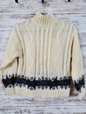 I.V.Y. Hand Knit Chunky Cable Mock Neck Sweater Cream Fair Isle Pattern Vintage